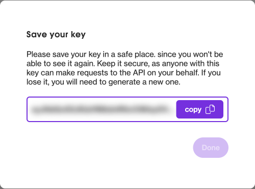 The API key is shown only once