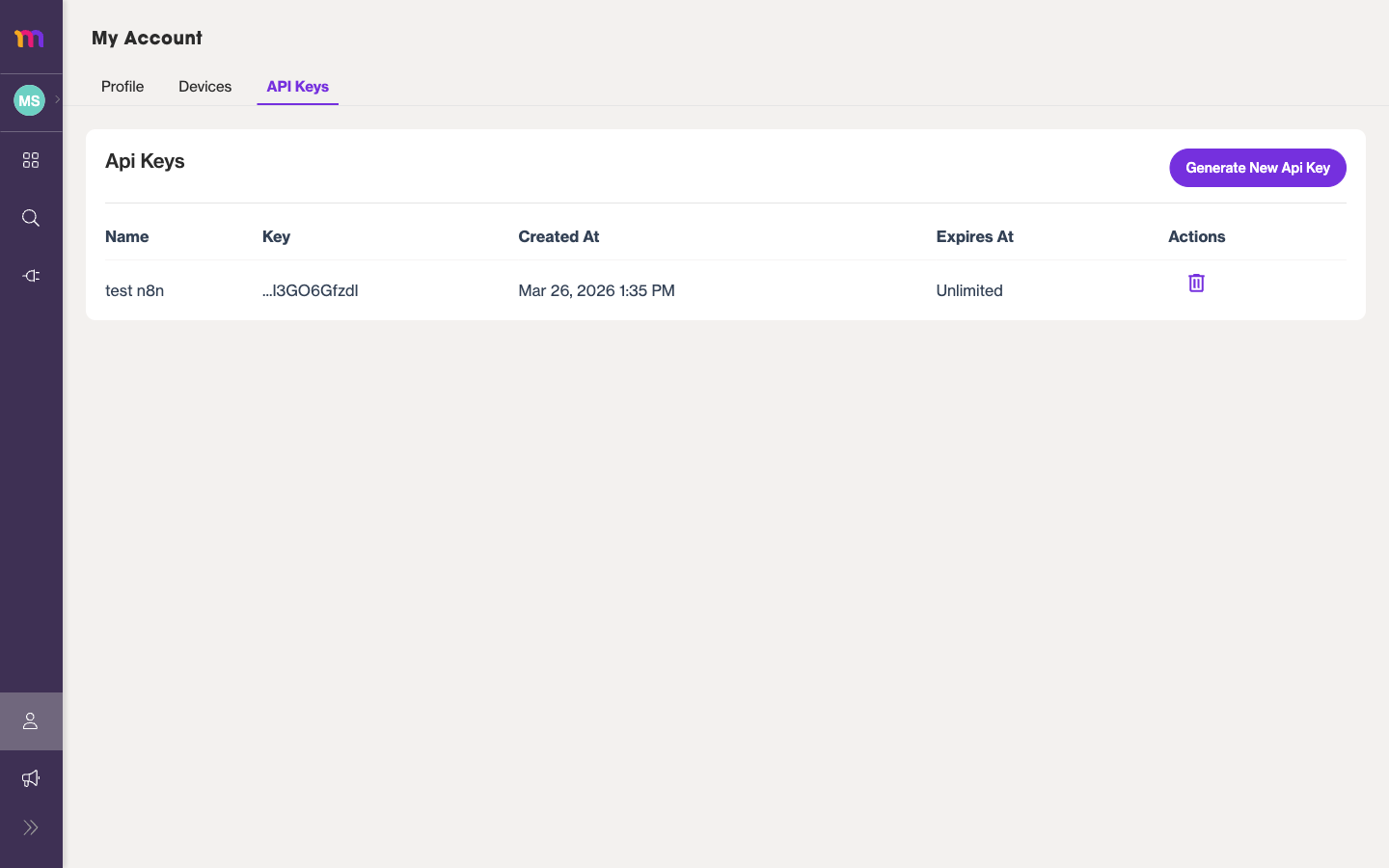 The API Keys tab