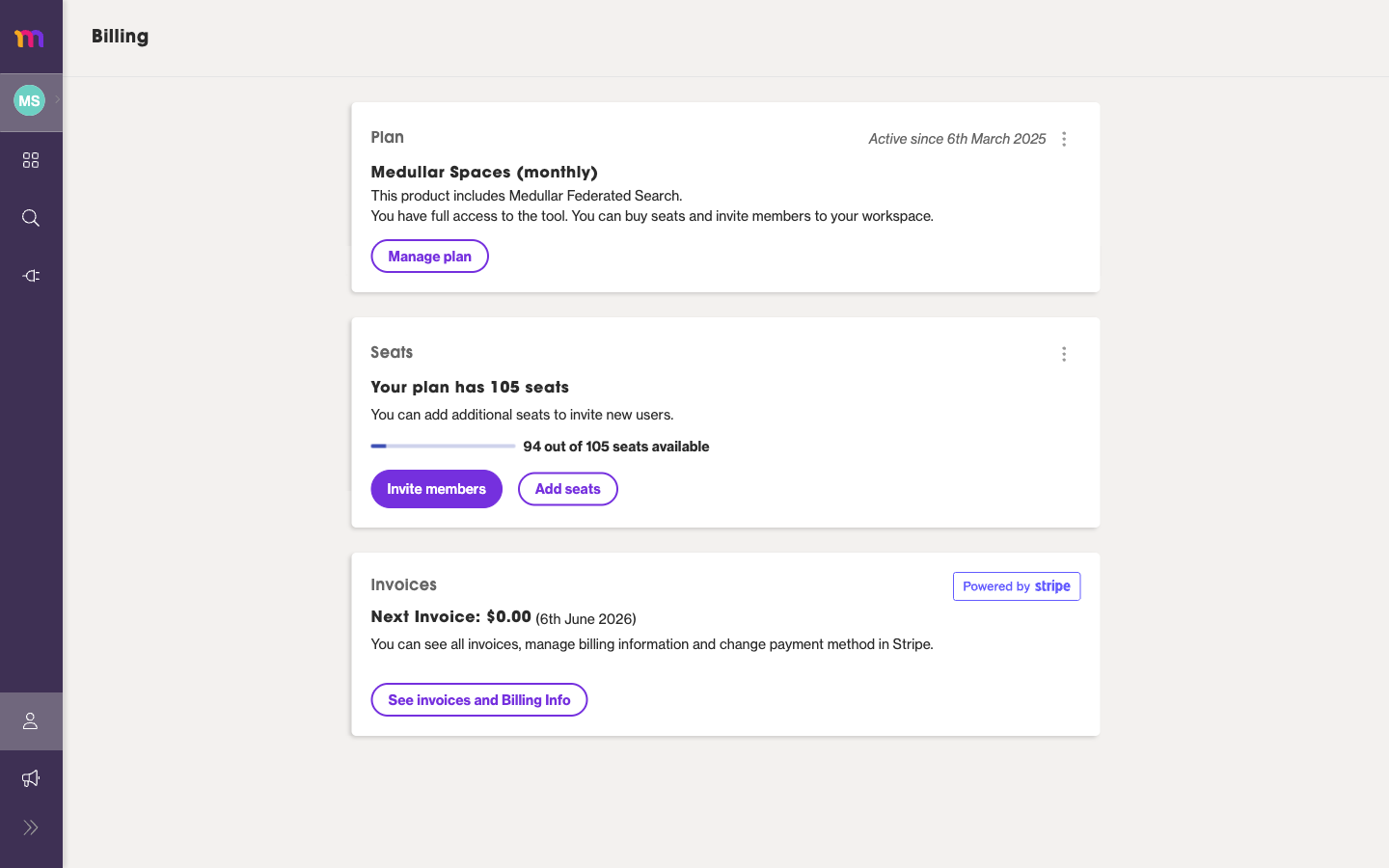 The Billing page: Plan, Seats, and Invoices