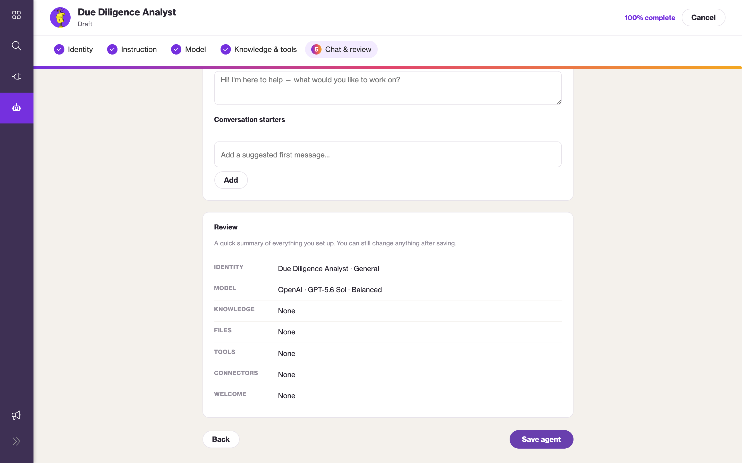 The welcome message and conversation starters