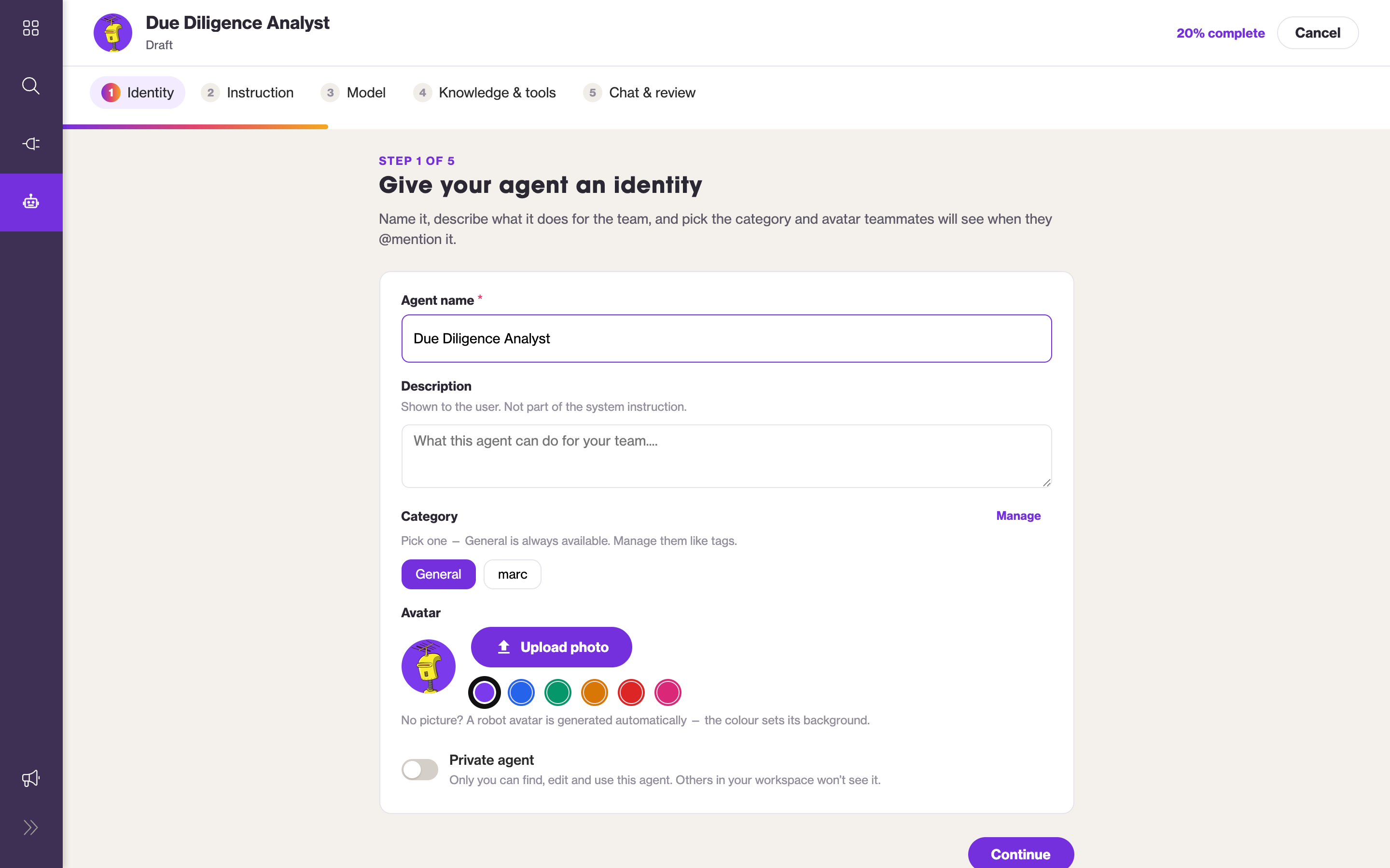 The Identity step of the agent builder