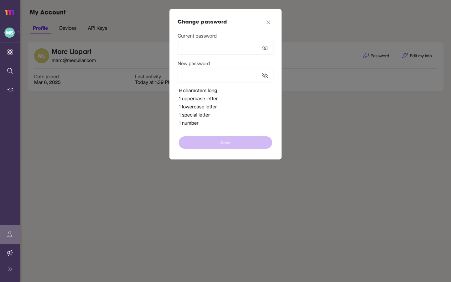 The change password modal with the requirements checklist