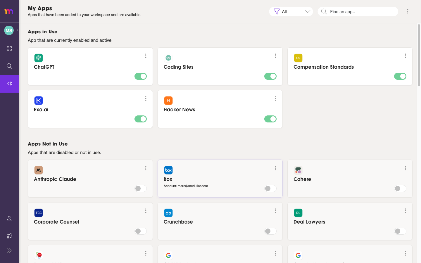 The My Apps grid: Apps in Use and Apps Not in Use