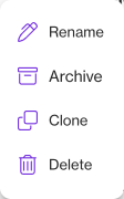 A Space card menu: Rename, Archive, Clone, Delete