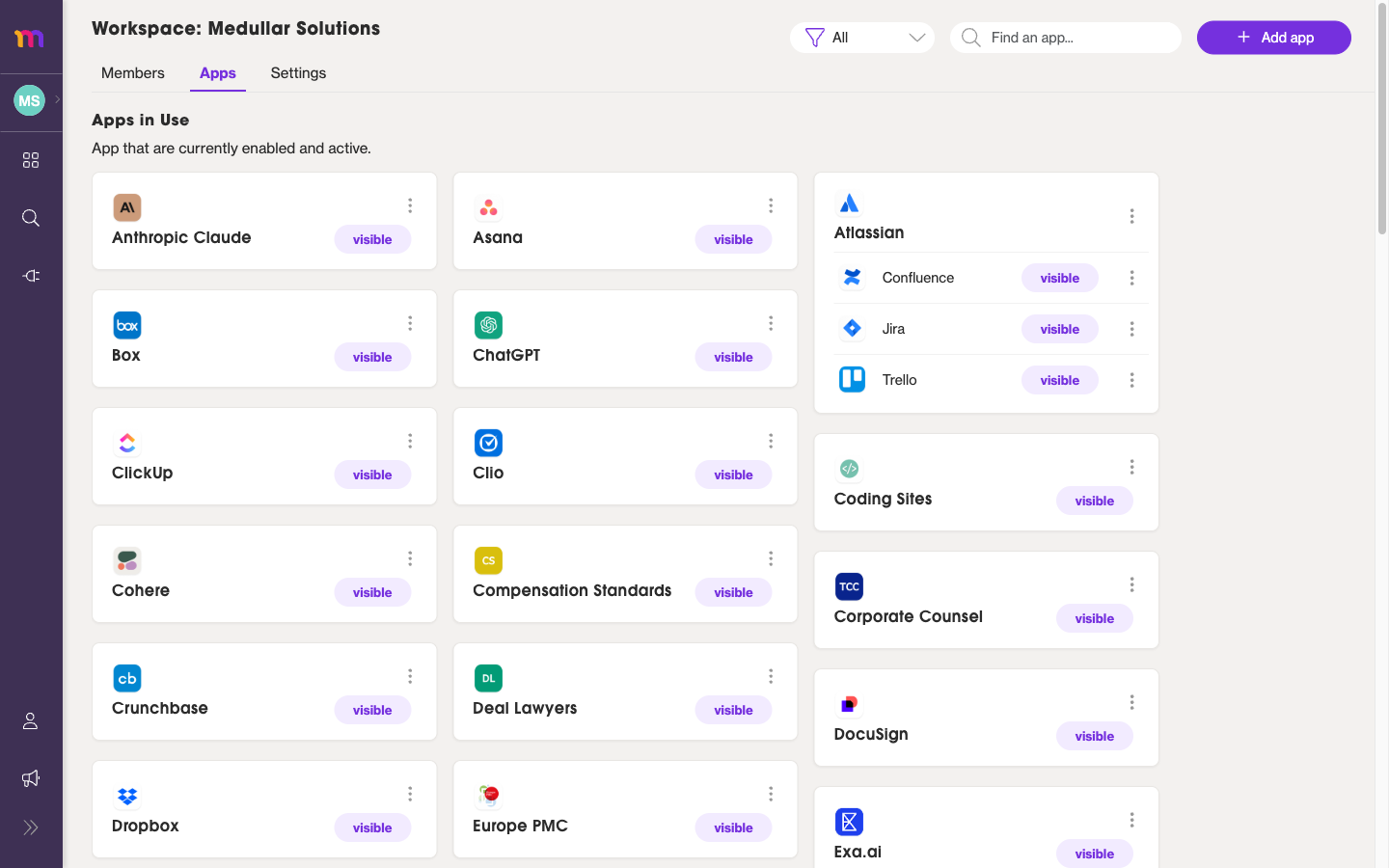 The workspace admin panel with Members, Apps, and Settings tabs